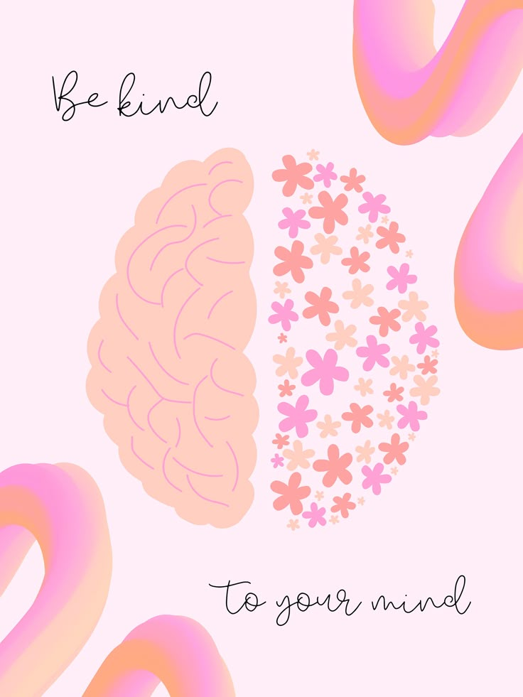 the words be kind to your mind on a pink background with flowers and swirls