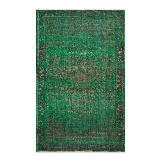 a green rug with an intricate design on the middle and bottom, it is in very good condition