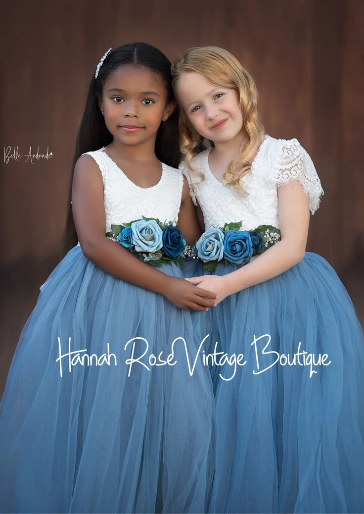 Dusty blue flower girl dress Piper Outfits, Dusty Blue Flower Girl Dress, Blue Girl Dress, Blue Flower Girl Dress, Vintage Flower Girl, Burgundy Flower Girl Dress, Blue Tulle Skirt, Blue Sash, Flower Girl Dresses Blue