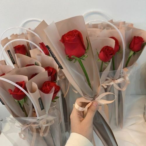 a person is holding several roses in their hand and tied with ribbon around the stems