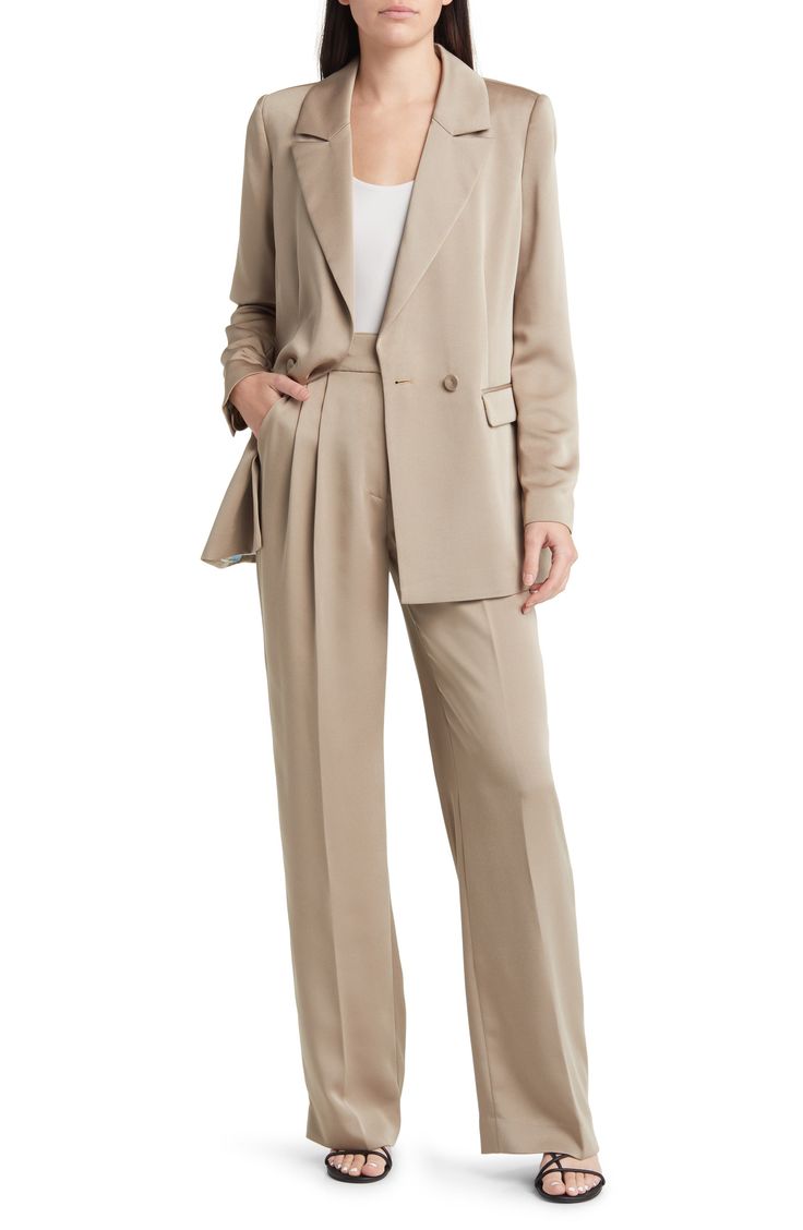 Chic for the office or a night out, these wide-leg trousers are fashioned from smooth woven fabric and pleated at the superhigh waist to further the flowy fit. 32" inseam; 20" leg opening; 13 1/2" front rise; 16" back rise (size 8) Zip fly with hook-and-bar closure Front slant pockets; back welt pockets 100% polyester Machine wash, tumble dry Imported Modern Tailored Wide Leg Pantsuit, Spring Workwear Wide Leg Viscose Pants, Spring Workwear Viscose Wide Leg Pants, Elegant Ankle-length Viscose Wide Leg Pants, Chic Business Wide Leg Ankle-length Pants, Elegant Pleated Beige Pants, Chic Straight Leg Wide Leg Viscose Pants, Modern Office Pantsuit With Wide-leg Pants, Chic Viscose Wide Leg Straight Pants