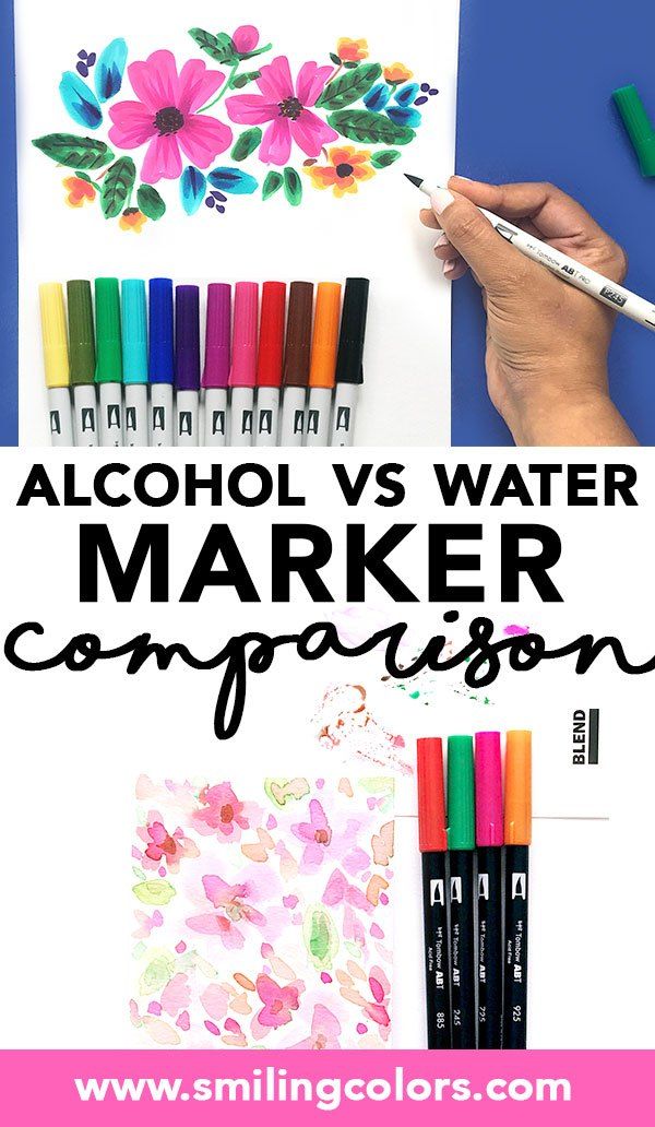 the words alcohol water marker comparison are shown in black and white, with colorful crayons