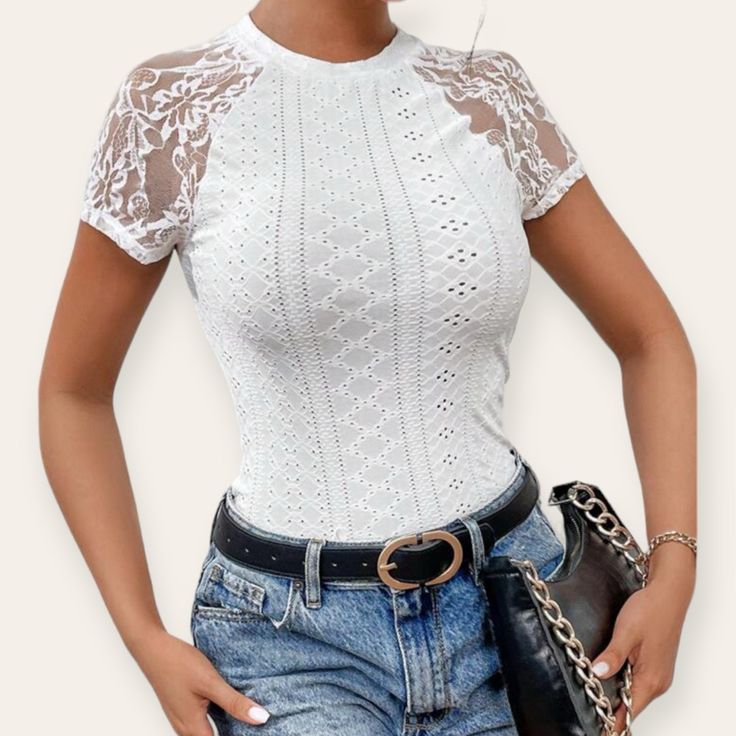 Lovely Tee For Any Occasion Or A Chill Day. Size Large Nwt! Description Waist Size:29.1 Inch, Length:21.9 Inch, Sleeve Length:9.9 Inch, Bust:33.5 Inch, Cuff:11.9 Inch, Bicep Length:12.2 Inch Material 95% Polyester, 5% Elastane Machine Wash Or Professional Dry Clean Fitted Lace Top T-shirt With Crew Neck, Spring Crew Neck T-shirt With Lace Top, Fitted Lace Top T-shirt For Spring, Fitted Short Sleeve Lace Top T-shirt, Fitted Crew Neck Lace Top, Stretch Lace Top With Short Sleeves, Short Sleeve Stretch Lace Top, White Stretch Mesh Top With Crew Neck, Casual Fitted Mesh Top With Lace Details