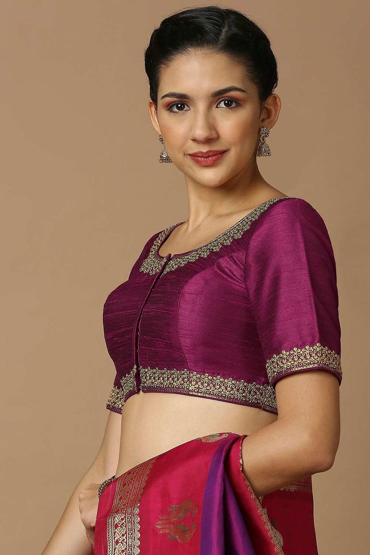 Product Features: Blouse Color: Magenta Blouse Fabric: Silk Work: Embroidered Sleeve Length: Elbow length sleeves In Closer: Front Open Padded / Non Padded : Padded Wash Care : Dry Clean Occasion : Festivewear, Partywear, Wedding Guest Product Type : Blouse Disclaimer: There will be slight difference in digital to actual image Fitted Resham Embroidery Top With Short Sleeves, Fitted Tops With Resham Embroidery And Short Sleeves, Short Sleeve Embroidered Top For Wedding, Short Sleeve Embroidered Wedding Top, Festive Short-sleeve Blouse Piece, Fitted Embroidered Top With Zari Work, Fitted Embroidered Short Sleeve Blouse, Fitted Short Sleeve Embroidered Blouse, Formal Blouse Piece With Floral Embroidery