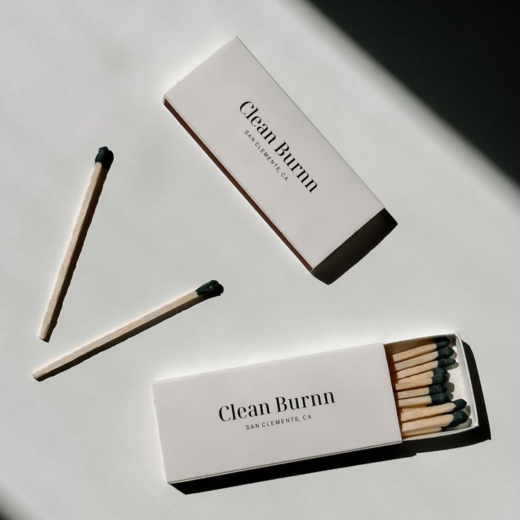 Clean Burnn Matchbox. Complete your candle with the perfect set of matches. These also make a great gift! Matches Design Packaging, Matches For Candles, Matches Packaging, Match Box Design, Candle Content, Candles Packaging, Branding Design Ideas, Matchbox Design, Candle Making Studio