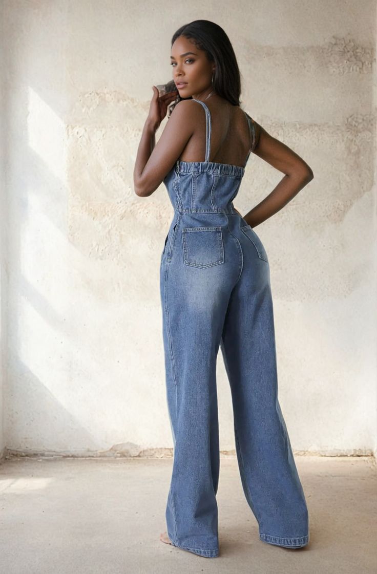 The Mabel Love Co Spaghetti Top and Wide Leg Denim Jumpsuit features a stylish spaghetti strap top that offers a delicate and feminine touch. The fitted bodice enhances your figure, while the wide-leg pants provide a relaxed and comfortable fit. This combination creates a balanced silhouette that is both flattering and easy to wear, perfect for any body type. High-Quality Denim Fabric Crafted from premium denim, this jumpsuit ensures both durability and comfort. The fabric is soft and breathable Spaghetti Top, Jumpsuit Chic, Monokini Swimsuits, Spaghetti Strap Top, Denim Maxi Skirt, Denim Romper, Active Leggings, Strap Top, Strap Tops