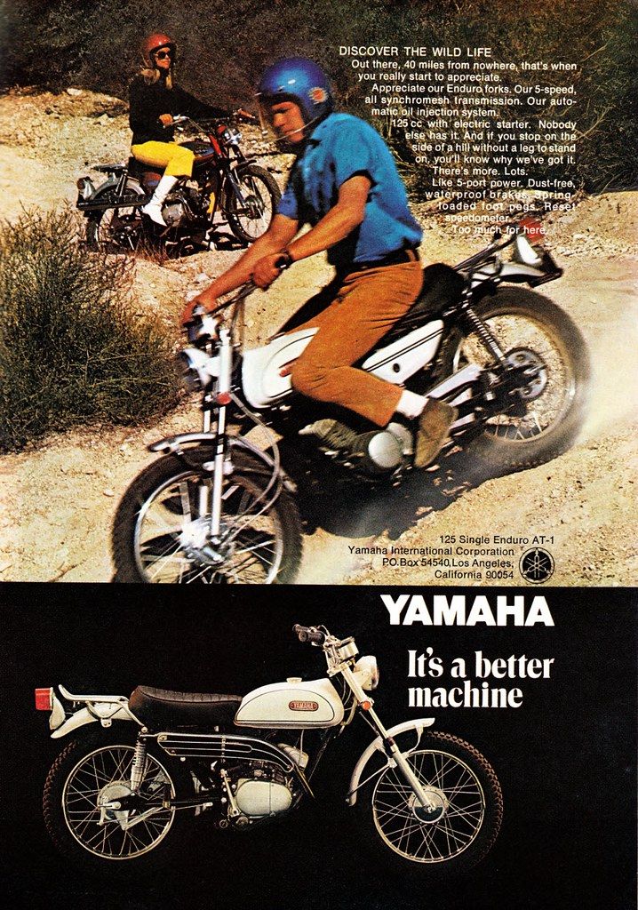 an advertisement for the yamaha it's a better machine, featuring two men on motorcycles