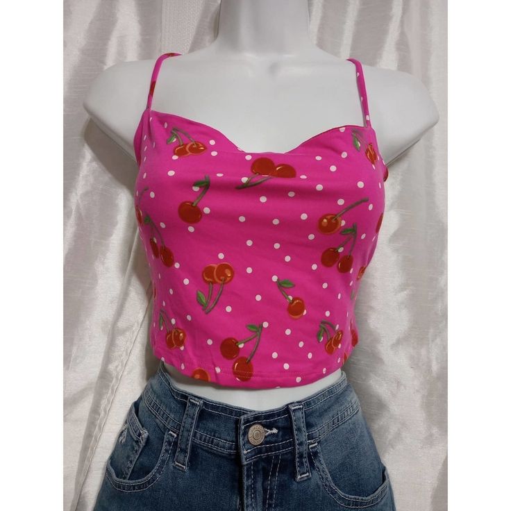 Absolutely Cute And Sexy Tank Top Blouse! Bright Red Cherries And Fun Polka Dots With A Perfect Lively Bright Pink. 17" Laid Flat Across Has Great Stretch Slip Over Shoulder Straps With Tie Back, Very Adjustable Lined. Cute Sleeveless Top With Strawberry Print, Cute Sleeveless Strawberry Print Top, Red Strawberry Print Top For Summer, Red Sleeveless Top With Strawberry Print, Red Sleeveless Top With Cherry Print, Summer Sleeveless Top With Cherry Print, Sleeveless Red Top With Strawberry Print, Sleeveless Red Top With Cherry Print, Cotton Sleeveless Top With Cherry Print