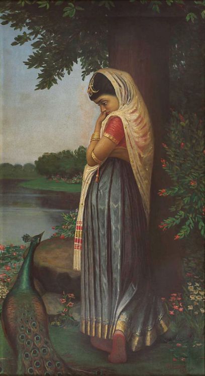 a painting of a woman standing in front of a tree with a peacock next to her