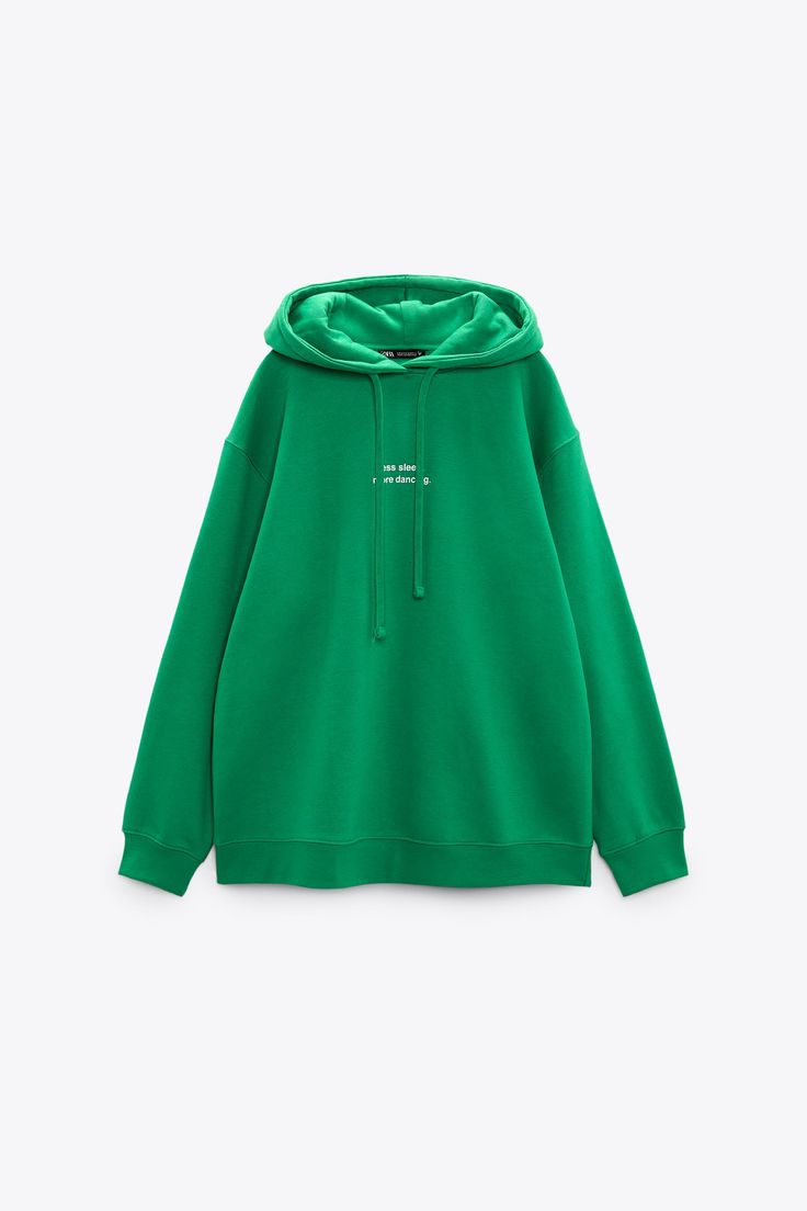 TEXT PRINT HOODED SWEATSHIRT - Green | ZARA United States Relaxed Fit Hoodie With Drawstring, Relaxed Fit Hooded Sweatshirt With Ribbed Cuffs, French Terry Hoodie With Adjustable Hood, French Terry Hoodie Sweatshirt With Adjustable Hood, Cotton Sweater With Drawstring Hood For Streetwear, Oversized French Terry Sweatshirt With Drawstring Hood, Adjustable Hood French Terry Sweatshirt, Green Relaxed Fit Hoodie With Drawstring Hood, Casual Hooded French Terry Sweatshirt