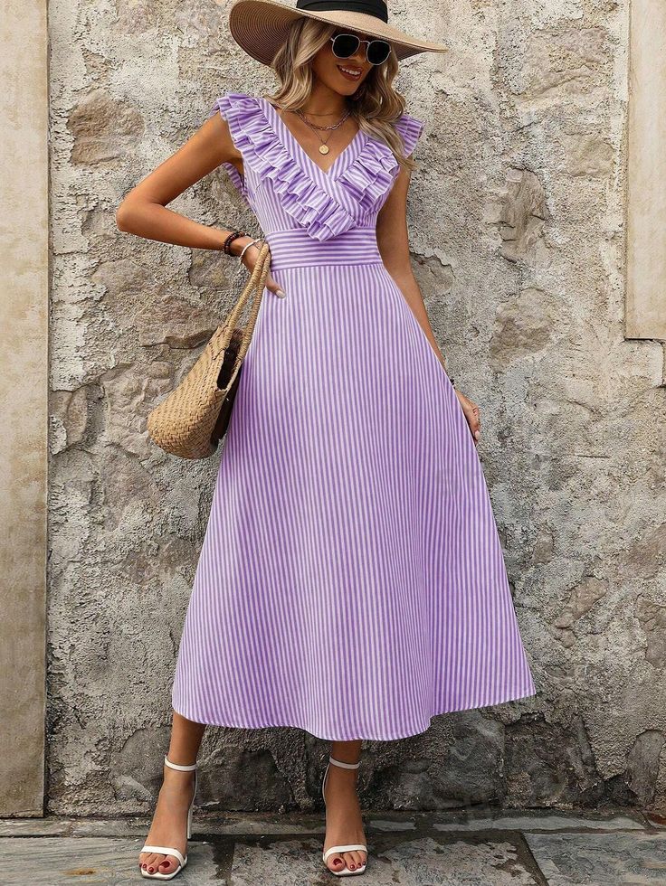 Elevate your summer wardrobe with our Chic and Stylish women's V-Neck Striped Summer Dress. The belted waistline accentuates your figure, giving you a flattering silhouette. Made with high-quality materials, this dress is perfect for any occasion. Stay stylish and comfortable all season long. Color : Purple Style : Casual Details : Ruffle, Knot, Zipper Type : A Line Pattern Type : Striped Neckline : V neck Sleeve Length : Sleeveless Sleeve Type : Flounce Sleeve Waist Line : High Waist Hem Shaped Belted V-neck Summer Dress, Belted V-neck Dress For Summer, V-neck Belted Midi Dress For Vacation, Feminine Belted Maxi Dress For Summer, Spring Fitted Belted V-neck Dress, Spring Fitted V-neck Dress With Belt, Spring V-neck Fitted Belted Dress, Summer Belted Midi V-neck Dress, Belted Midi Length V-neck Dress For Summer