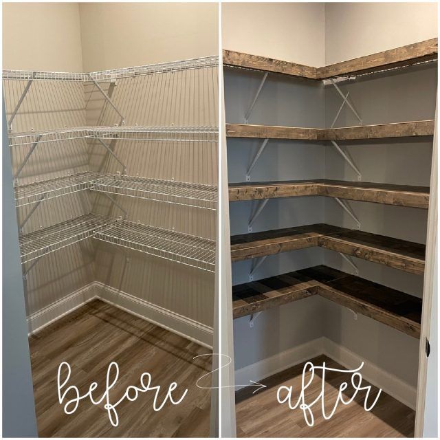 before and after photos of a closet with shelving in the corner, including shelves