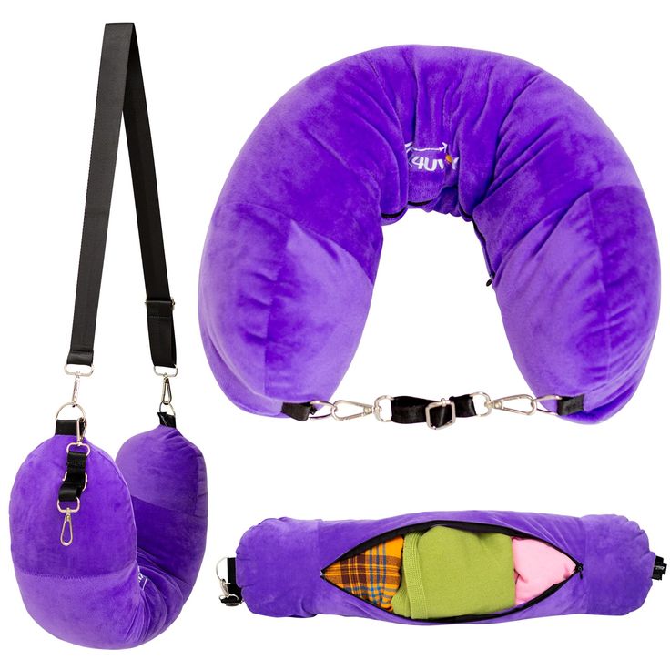 the purple travel pillow has two pillows attached to it and one is holding an object