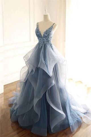 Dark Blue Prom Dresses, Dark Blue Prom Dress, Grey Evening Dresses, Ruffle Prom Dress, Beading Embroidery, Prom Dresses Long Lace, Gaun Fashion, Stunning Prom Dresses, Tulle Evening Dress