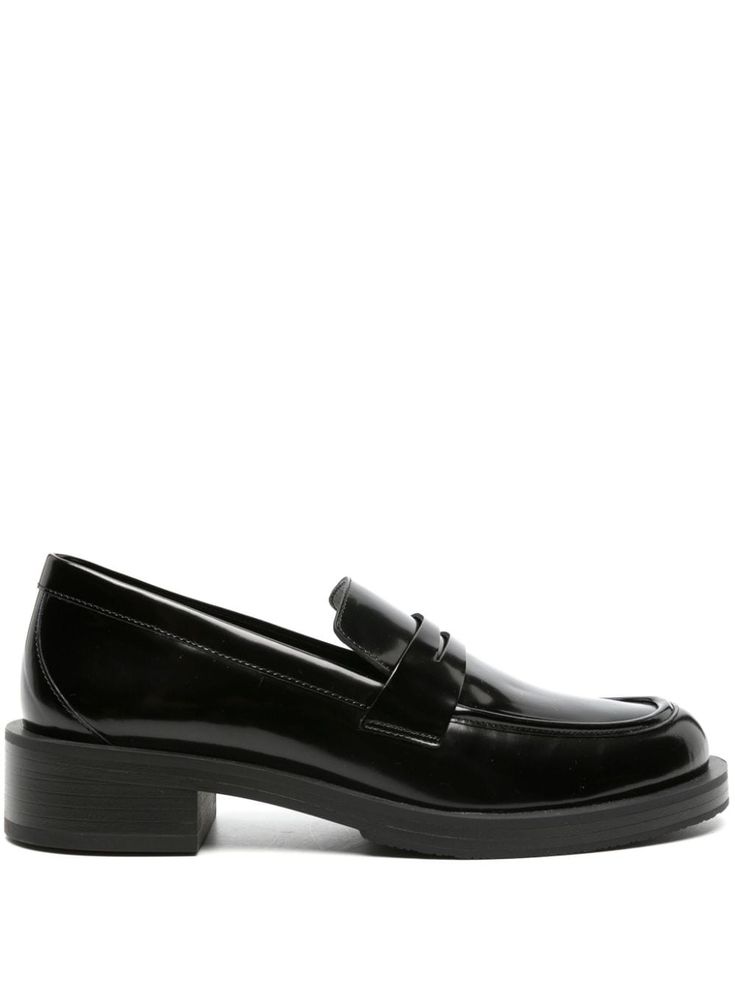 black calf leather patent finish slip-on style branded leather insole rubber sole Patent Leather Slip-on Platform Loafers With Leather Sole, Classic Patent Leather Slip-on Loafers, Sleek Black Patent Leather Loafers, Black Glossy Loafers For Formal Occasions, Black Glossy Finish Loafers For Formal Occasions, Formal Black Loafers With Glossy Finish, Black Glossy Finish Formal Loafers, Classic Glossy Finish Formal Loafers, Classic Black Loafers With Glossy Finish