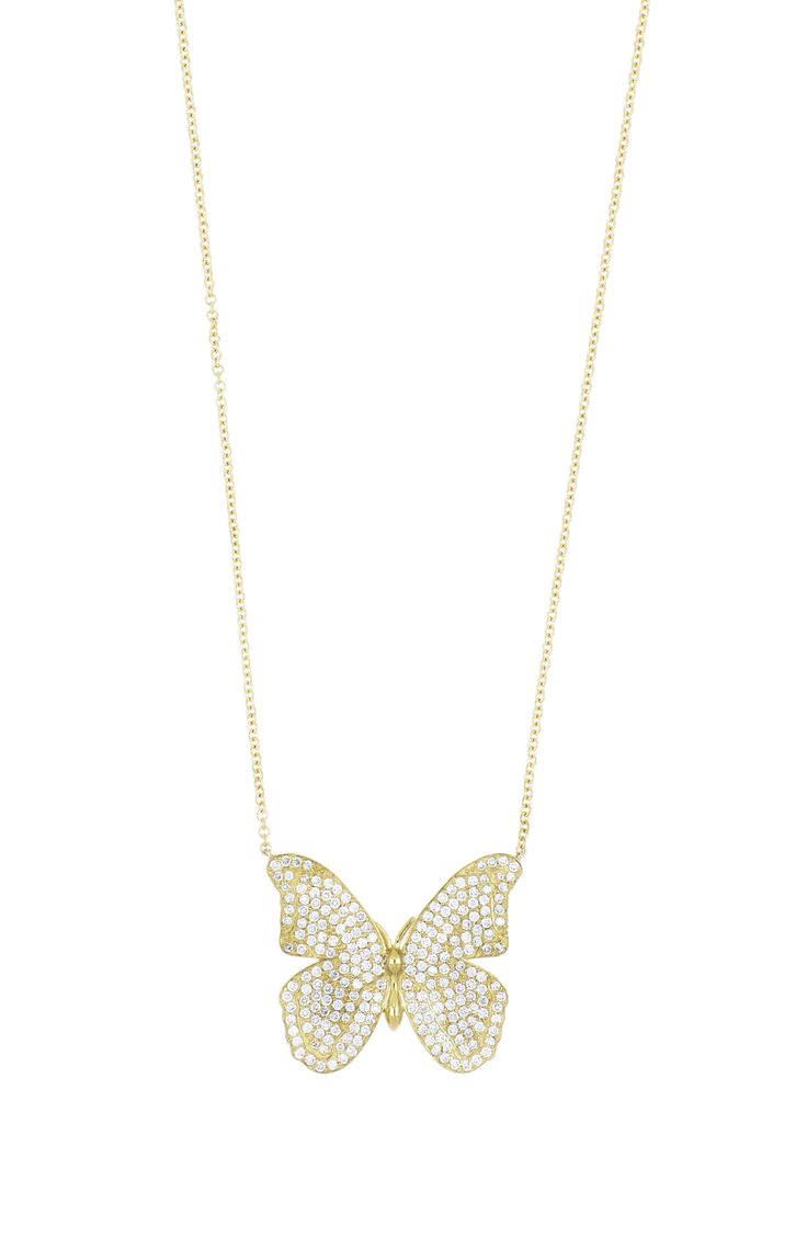 A delicately detailed butterfly pendant comes alight in the shimmer of 220 pavé diamonds on this handcrafted necklace made from 18-karat gold. 18" length Total diamond weight: 1.09cts. Color: G Clarity: VS 18k gold/diamond Made in the USA >Diamond Guide Detailed Butterfly, Bony Levy, Butterfly Pendant Necklace, Diamond Guide, Handcrafted Necklace, Butterfly Pendant, Accessories Necklace, Pave Diamonds, Gold Diamond