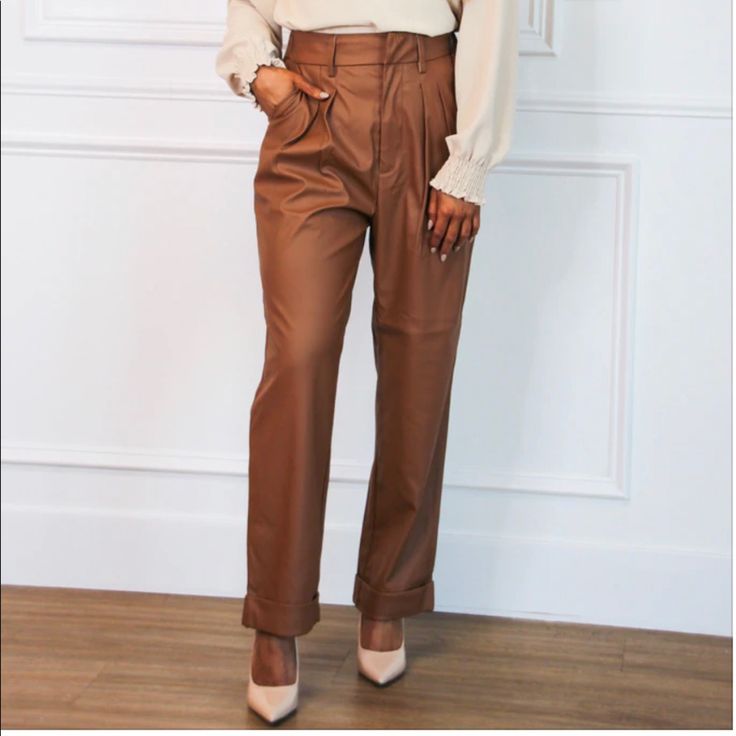 Nwot Faux Leather Pants: Cognac Never Worn, Faux Leather Pants Brown Tapered Leg Bottoms For Business Casual, Brown Tapered Leg Business Casual Bottoms, Faux Leather Bottoms With Pockets For Work, Brown Ankle-length Pants For Business Casual, Faux Leather Workwear Bottoms With Pockets, Brown Faux Leather Pants With Pockets, Brown Tapered Leg Bottoms For Fall, Trendy Brown Leather Pants With Pockets, Brown Dress Pants For Office In Winter