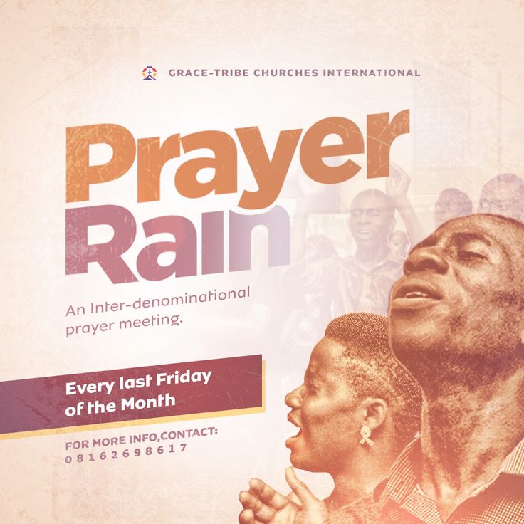 a church flyer with the words prayer rain on it and an image of two people