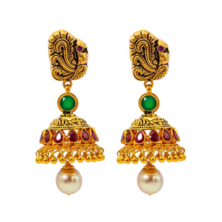 Shimmer and shine with cultural elegance when you wear this luxurious jewelry set from Virani! The vibrant array of emeralds and rubies used in the antique gold necklace and jhumka earrings add a dazzling effect when paired with traditional wear. Features• 22K Antique Gold.• Emeralds. • Rubies. Specifications• Minimum Necklace Width - 2 millimeters • Maximum Necklace Width - 48 millimeters• Necklace Length - 28 inches• Minimum Earring Width - 2 millimeters • Maximum Earring Width - 21 millimeter Traditional Ruby Jewelry With Intricate Design, Traditional Ceremonial Hallmarked Jhumkas, Ruby Meenakari Jhumkas Temple Jewelry, Ruby Meenakari Temple Jewelry Jhumkas, Traditional Round Temple Necklace For Formal Occasions, Festive Formal Jhumkas With Intricate Design, Traditional Hallmarked Jhumkas For Celebration, Heavy Traditional Temple Necklace For Formal Occasions, Traditional Ruby Temple Necklace