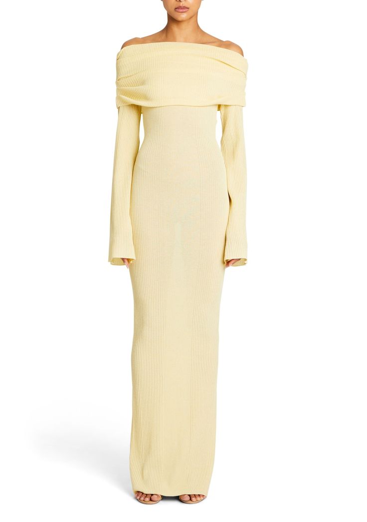 Knit, off-the-shoulder maxi dress with fold over neckline and long, bell sleeves. Shown here in Butter. 77% Viscose, 23% Polyester Made in China Model is 5'10" wearing size S Style No. 3922-17 Off The Shoulder Knit Dress, Woman Code, Moda Operandi Dress, Wimbledon 2024, Street Style Skirt, New Long Dress, Maxi Dress Long Sleeve, Knit Outerwear, Spring Capsule Wardrobe