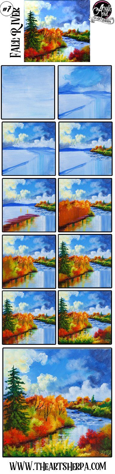 four different paintings of trees and clouds in the sky, with text overlaying them