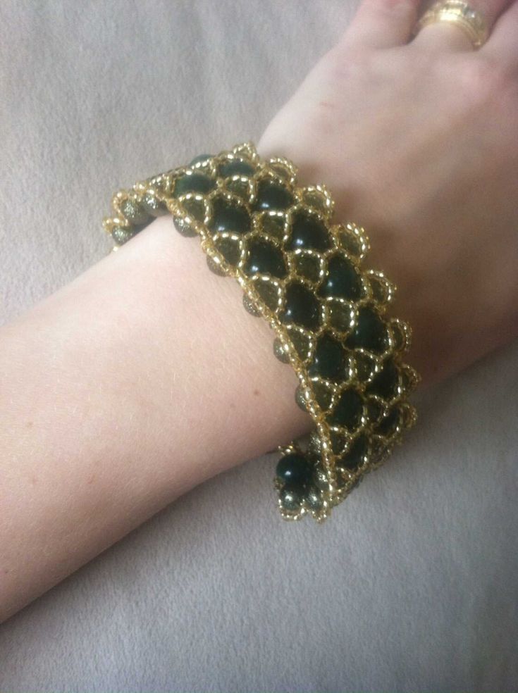 Handmade beaded bracelet made from golden seed beads and green pearls. Green Pearls, Bracelets Handmade Beaded, Bracelet Making, Beaded Bracelet, Diamond Bracelet, Seed Beads, Jewelry Bracelets, Gold Bracelet, Beaded Bracelets