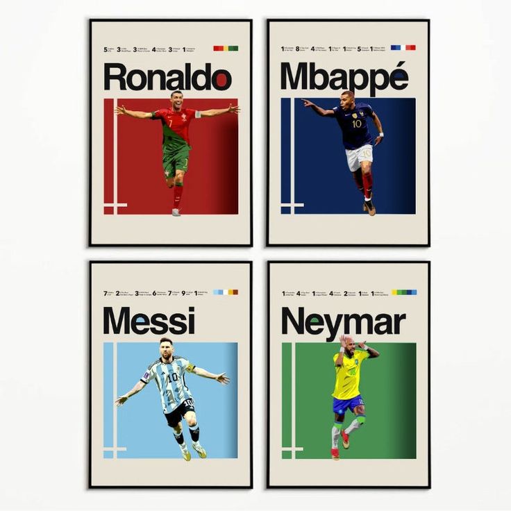 four different soccer players are featured in this poster