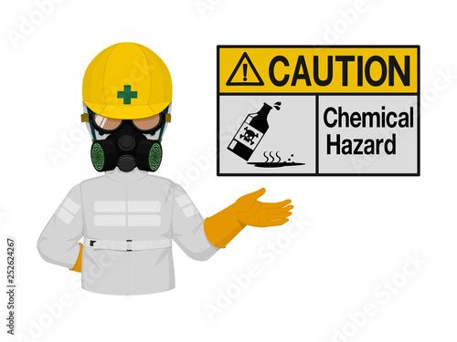 a man wearing a gas mask and holding a sign with the words caution chemical hazard