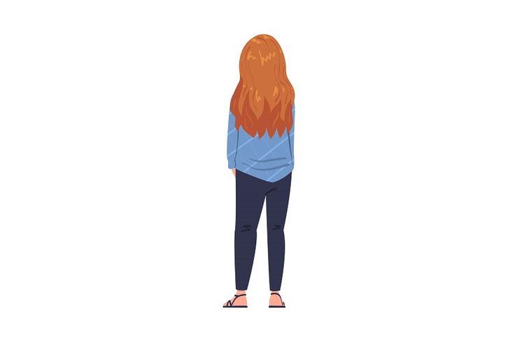 the back view of a woman with long red hair standing and looking at something in her hand