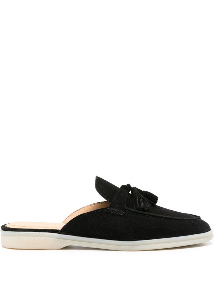 black calf suede tassel detail almond toe slip-on style branded leather insole flat rubber sole Flat Suede Mules With Leather Sole, Chic Suede Mules With Rubber Sole, Chic Suede Slip-on Tassel Loafers, Suede Mules With Textured Sole And Flat Heel, Flat Heel Suede Mules With Textured Sole, Chic Tassel Loafers With Leather Sole, Chic Suede Slip-ons With Leather Sole, Chic Suede Slip-ons With Rubber Sole, Dior Mules