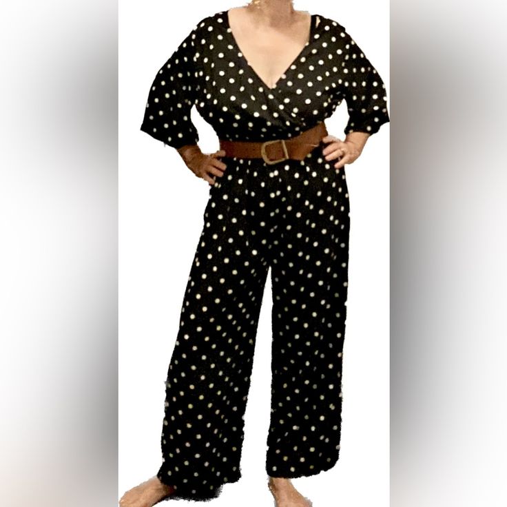 Black With White Polka Dots, Pants, Mid-Length Blouse Sleeves. Looks Great On! Sleeves 13 1/2 In From Shoulder To Hem. Pants Length 40in Waist To Hem. Inseam 24 In. Chest Width 20in. (Belt Not Included) Black Wide Leg Jumpsuits And Rompers For Loungewear, Black Wide Leg Jumpsuits For Loungewear, Black Relaxed Fit Wide Leg Jumpsuits And Rompers, Relaxed Fit Wide Leg Jumpsuit For Day Out, Black Wide Leg Jumpsuits And Rompers For Day Out, Old Navy Jumpsuit, Navy Jumpsuit, Hem Pants, Old Navy Pants