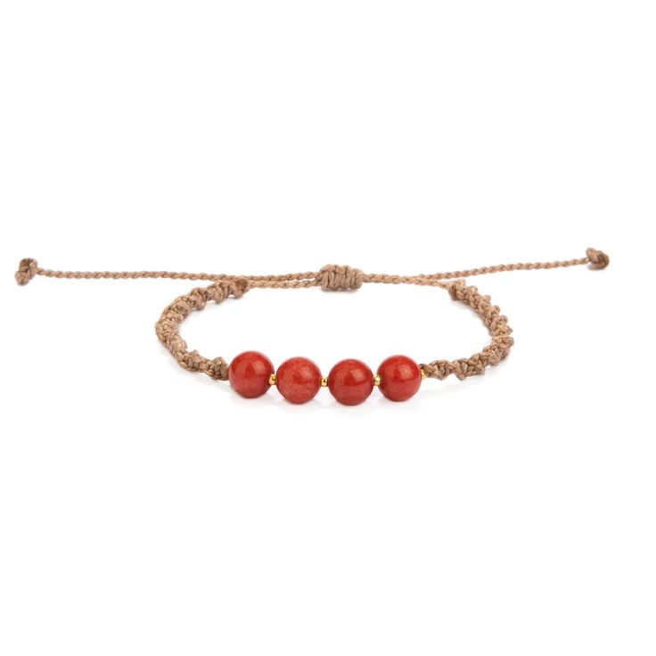 This lovely hand-knotted macrame bracelet gives every look a casual boho chic. The nature-inspired color combination of rose red jade beads and light brown, hazelnut-colored yarn go well pretty much with every outfit and season. Bracelet length is adjustable with sliding knot. The Meaning of Jade in Feng Shui: Pure relaxation! Jade brings harmony to body and mind, is a stress reliever and helps to unwind. And Jade is believed to bring luck. Just like a four-leaf clover is considered a symbol of good fortune, jade is thought to have protective, lucky-charm energy. Perfect for the jade lovers in your life and a unique gift for yourself, girlfriend, wife, sister, bridesmaids, mother or grandma. ♦ Handmade with Love & Sunny Hands in Spain© ♦ Size: Adjustable size from 17 to 26 cm  ♦ Thread: wa Bohemian Bracelets With Waxed Cord And Round Beads, Bohemian Bracelets With Round Beads And Waxed Cord, Bohemian Friendship Bracelets With Waxed Cord And Round Beads, Bohemian Waxed Cord Friendship Bracelets With Round Beads, Bohemian Hand-strung Bracelets With Waxed Cord, Bohemian Hand Knotted Bracelets As Gift, Bohemian Beaded Bracelets With Waxed Cord, Bohemian Braided Bracelets With Macrame And Waxed Cord, Bohemian Red Beaded Bracelets For Vacation