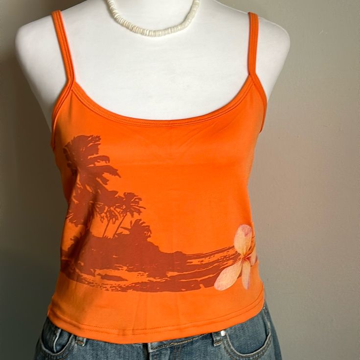 Thrifted Tank Tops, Cute Halter Tops, Cute Summer Tank Tops, Dream Clothes T-shirts & Tank Tops, Graphic Tank Tops Aesthetic, Orange Summer Outfits, Tropical Streetwear, 2000s Summer Fashion, Cool Tank Tops