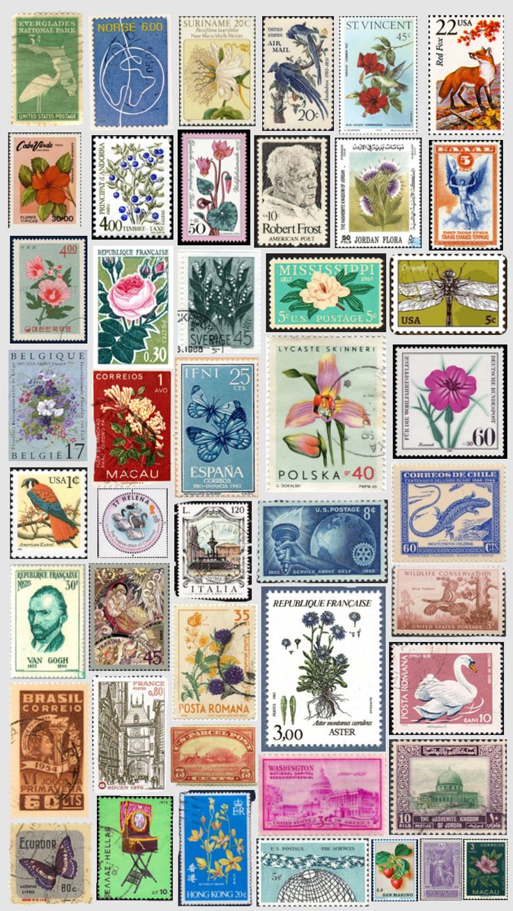 many different postage stamps with flowers and birds on them, all in different colors or shapes