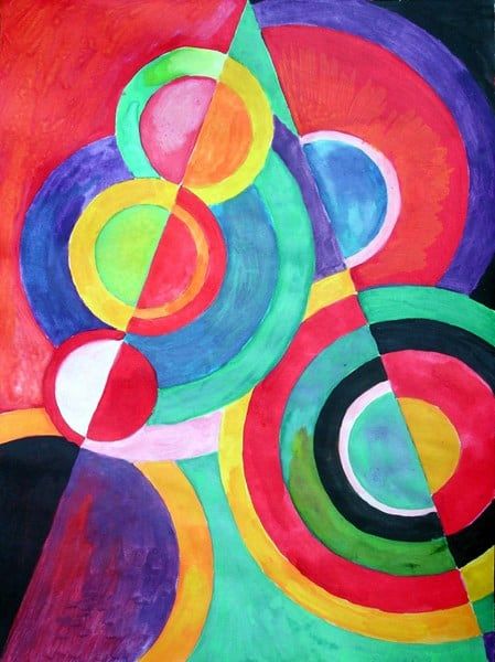 an abstract painting with different colors and shapes on it's black background, including circles