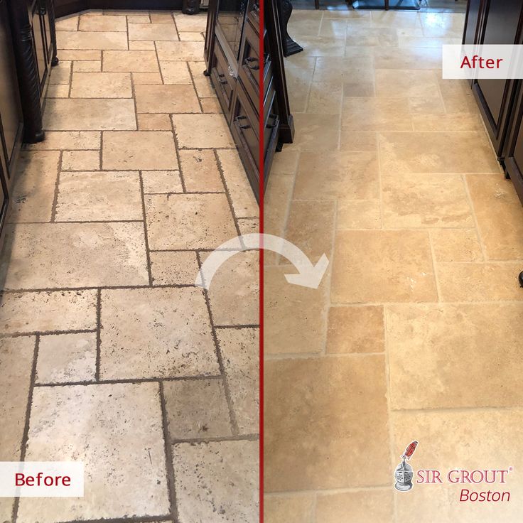 before and after picture of a kitchen floor grout cleaned to remove dirt from floors