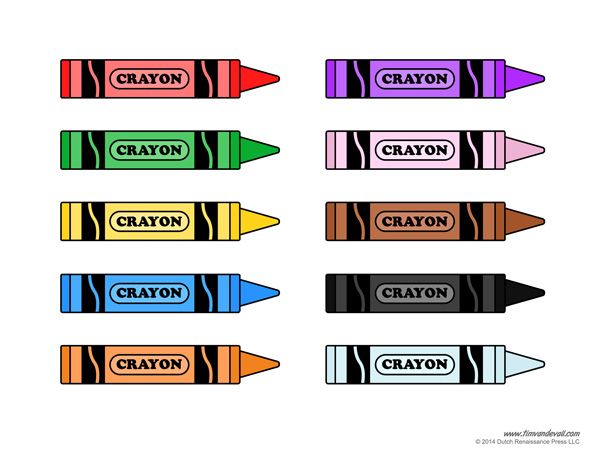 crayons are lined up in different colors, and each has the word crayon on it