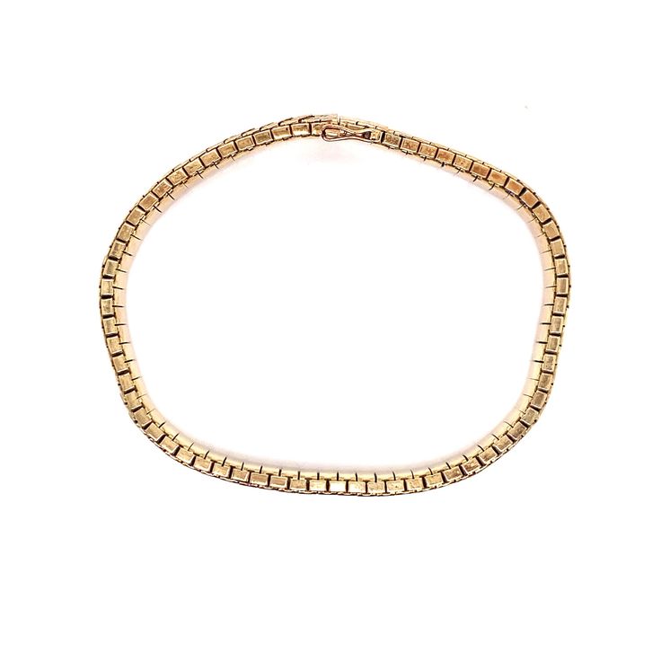 "Vintage 14k yellow gold snake skin style bracelet. The links have an engraved \"florentine\" finish on top that are attached like snake skin and a smooth underside. The bracelet measures 7.25\" long and .25\" wide, and the plunger clasp has a safety latch. The bracelet weighs 16.17 grams of gold." Classic Snake Chain Bracelet For Formal Occasions, Formal 14k Gold Bracelet With Box Chain, Classic Gold Jubilee Bracelet With Snake Chain, Elegant Gold Snake Chain Bracelet For Formal Occasions, Formal Snake Chain Bracelet, Elegant Formal Gold Snake Chain Bracelet, Gold Flexible Snake Chain Bracelet, Gold Jubilee Bracelet With Snake Chain For Formal Occasions, Formal Gold Snake Chain Jubilee Bracelet