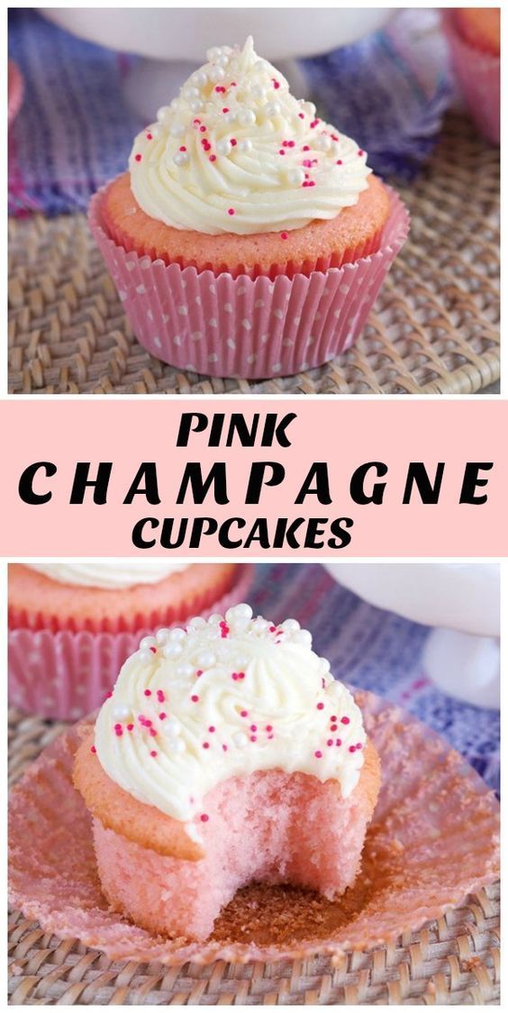 pink champagne cupcakes with white frosting and sprinkles on top