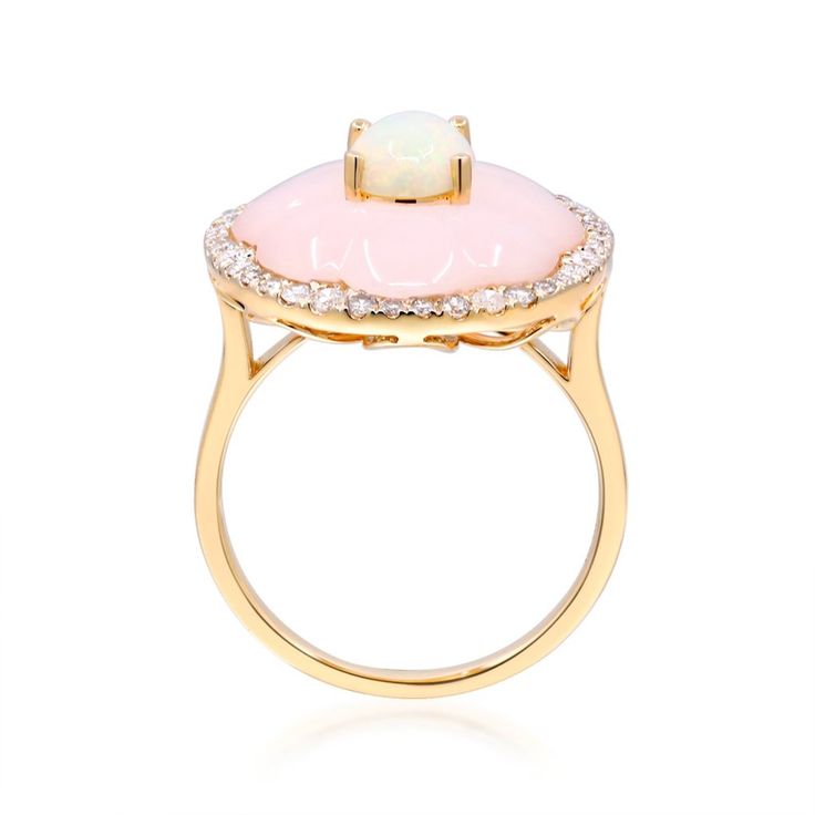 CIRARI 14K Yellow Gold 0.41ct Pink Opal and Ethiopian Opal Halo Ring - ShopHQ.com Luxury Rose Gold Opal Ring, Luxury Yellow Gold Opal Ring With Brilliant Cut, Luxury Ring With Halo Design And Round Stone, Exquisite Diamond Opal Ring, Luxury Halo Design Ring With Round Stone, Exquisite Opal And Diamond Ring, Exquisite Opal Diamond Ring, Formal Opal Ring With Diamond Round Cut, Luxury Rings With Halo Design