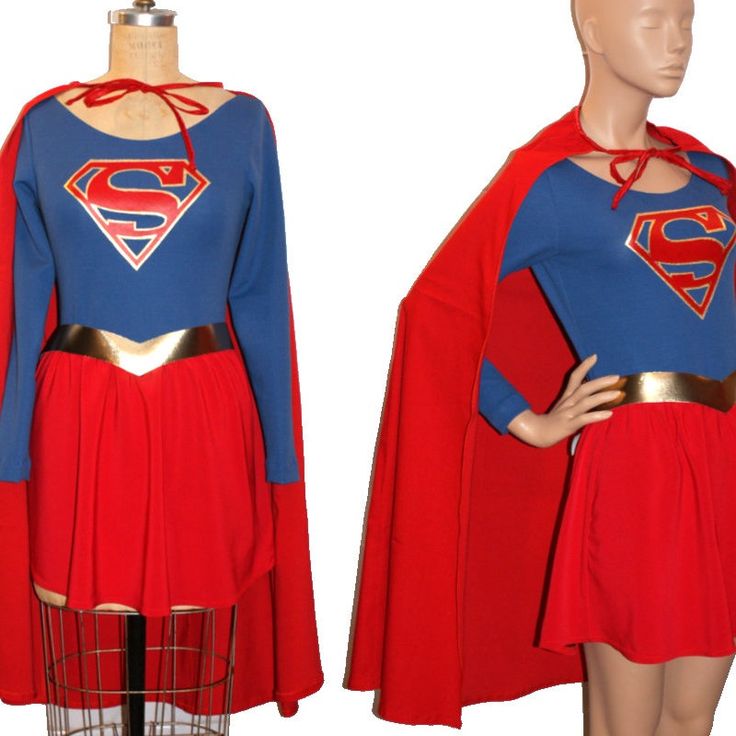 a female mannequin wearing a red and blue dress with a superman cape on it