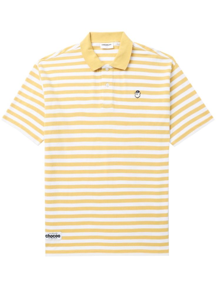 yellow/white cotton horizontal stripe print bear motif polo collar front button placket drop shoulder short sleeves straight hem Cotton Polo Shirt, Cotton Polo, Polo Collar, Button Placket, Stripe Print, Drop Shoulder, White Cotton, Yellow White, Polo Shirt