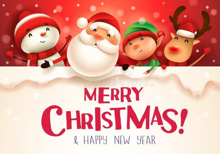 merry christmas and happy new year greeting card with santa claus, snowmen and reindeers