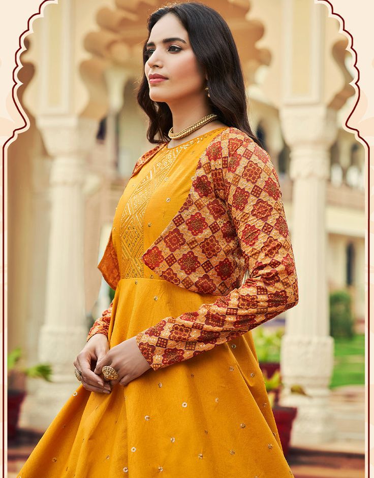 Traditional Function Wear Gown Collection Processing Time : 20-25 Business Days Work : Thread Sequince Embroidered Work Fabric:Cotton Color:Mustard Yellow Note:Slight Color Variation Is Possible Anarkali Gown With Embroidered Long Sleeves, Anarkali Long Sleeve Embroidered Gown, Semi-stitched Cotton Floor-length Dress, Anarkali Dress With Pallu And Long Sleeves, Long Sleeve Gown With Pallu For Eid, Cotton Self-design Dress For Wedding, Semi-stitched Long Sleeve Gown With Floral Embroidery, Semi-stitched Long Sleeve Floral Embroidered Gown, Long Sleeve Cotton Dress With Zari Work