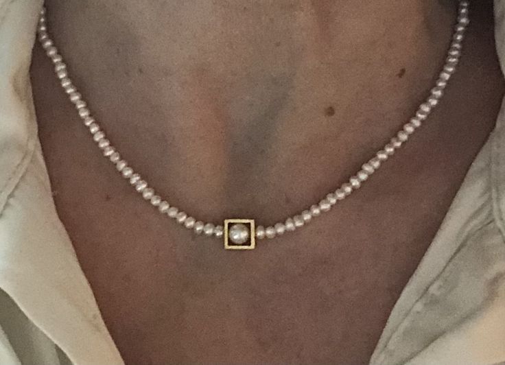 This freshwater pearl necklace is a modern interpetation of the classic pearl necklace. The pearls are a little bit flat like a button, shimmering very much and the diameter is ca.5mm. The square is 1 mm thick and the square is 8mm gold plated with 24carat gold. Everything is fitted on a stainless steel wire, gold plated 24 carat and covered with nylon. This necklace is for every occasion. You can wear it with jeans, more elegant with beige colours, or for the big evening with the small black dr Beige Colours, Pearl Necklace Gold, Classic Pearl Necklace, Gold Everything, Small Black Dress, Gold Pearl Necklace, Freshwater Pearl Necklace, Stainless Steel Wire, Freshwater Pearl Necklaces