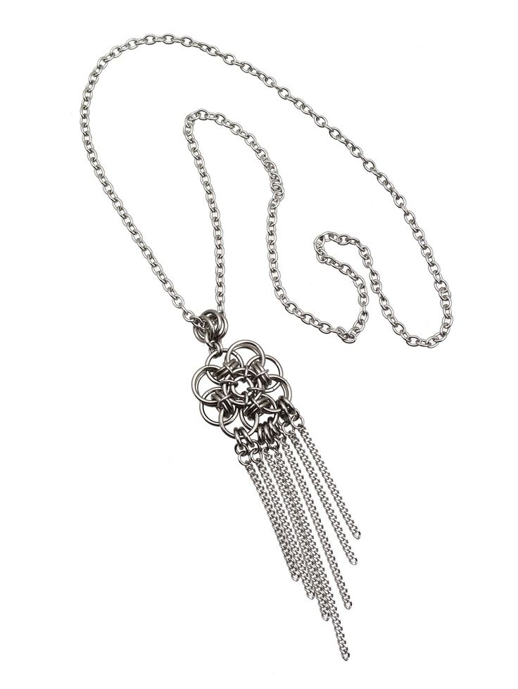 Lightweight and elegant, this piece will quickly become one of your wardrobe staples. The small Quantum Rose with Fringe pendant is 7/8" in width; height is approximately 3.75". This pendant comes on a seamless chain so you can slide the necklace over your head. (However you can choose to add a clasp if you prefer.) size guide Stainless steel jump rings, clasp (optional) and chain Elegant Stainless Steel Nickel-free Chain Necklace, Elegant Nickel Free Metal Chain Necklace, Elegant Nickel-free Metal Chain Necklace, Elegant Stainless Steel Flower Pendant Jewelry, Metal Flower Pendant Jewelry With Chain, Metal Dangle Box Chain Jewelry, Elegant Metal Dangle Chain Necklace, Elegant Metal Chain Necklace With Dangle, Elegant Metal Chain Necklace