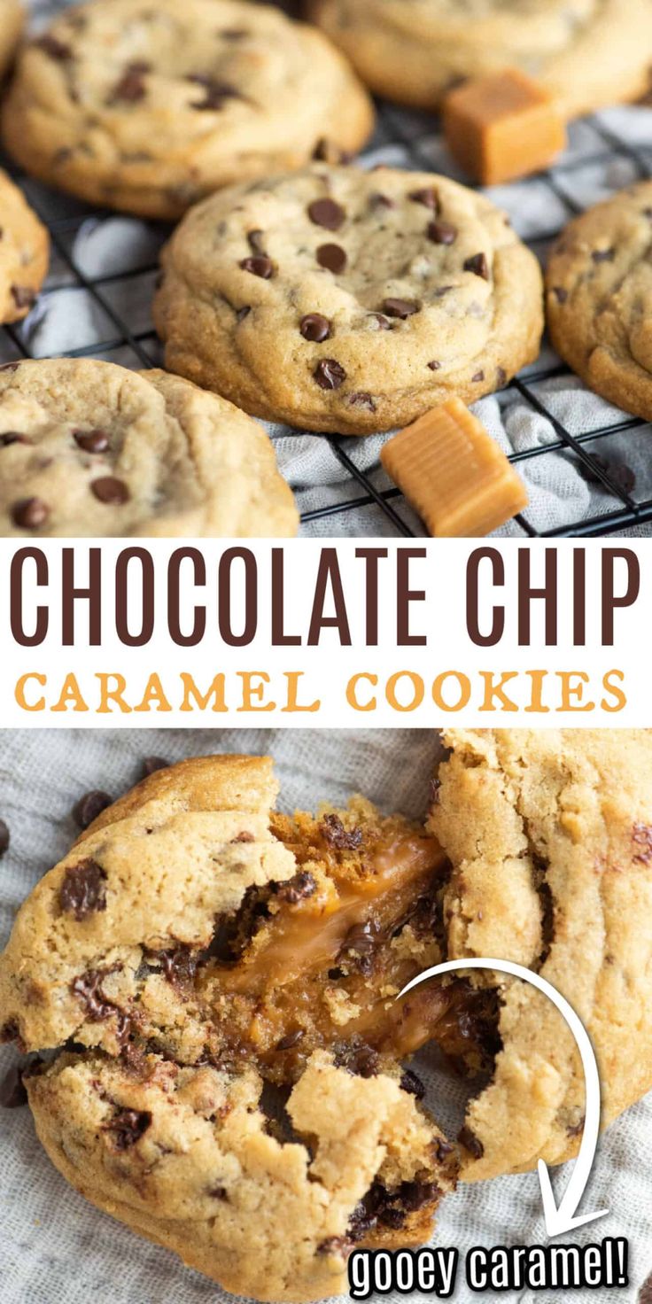 chocolate chip caramel cookies on a cooling rack with text overlay that reads, chocolate chip caramel cookies