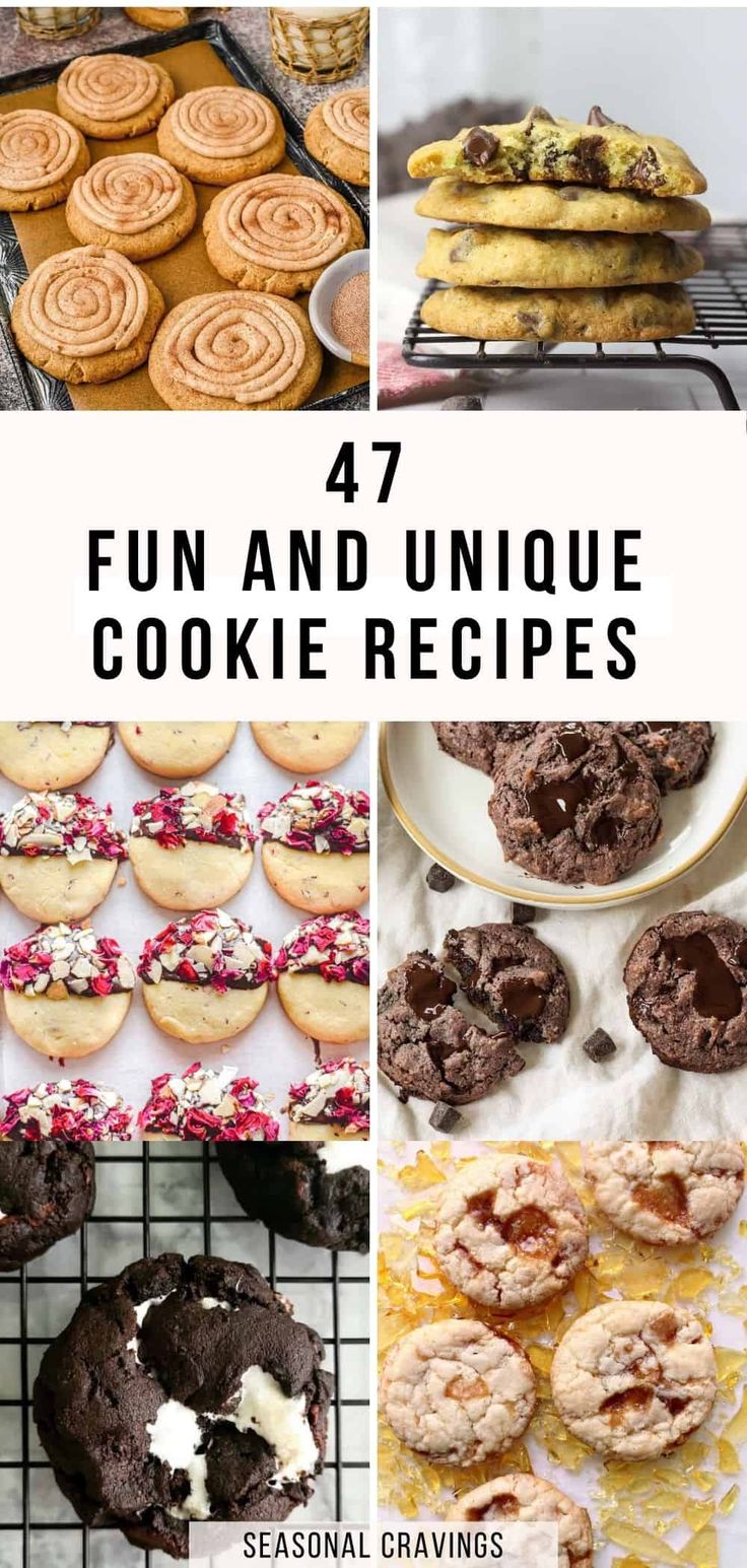 four different cookies and desserts with the words fun and unique cookie recipes on them