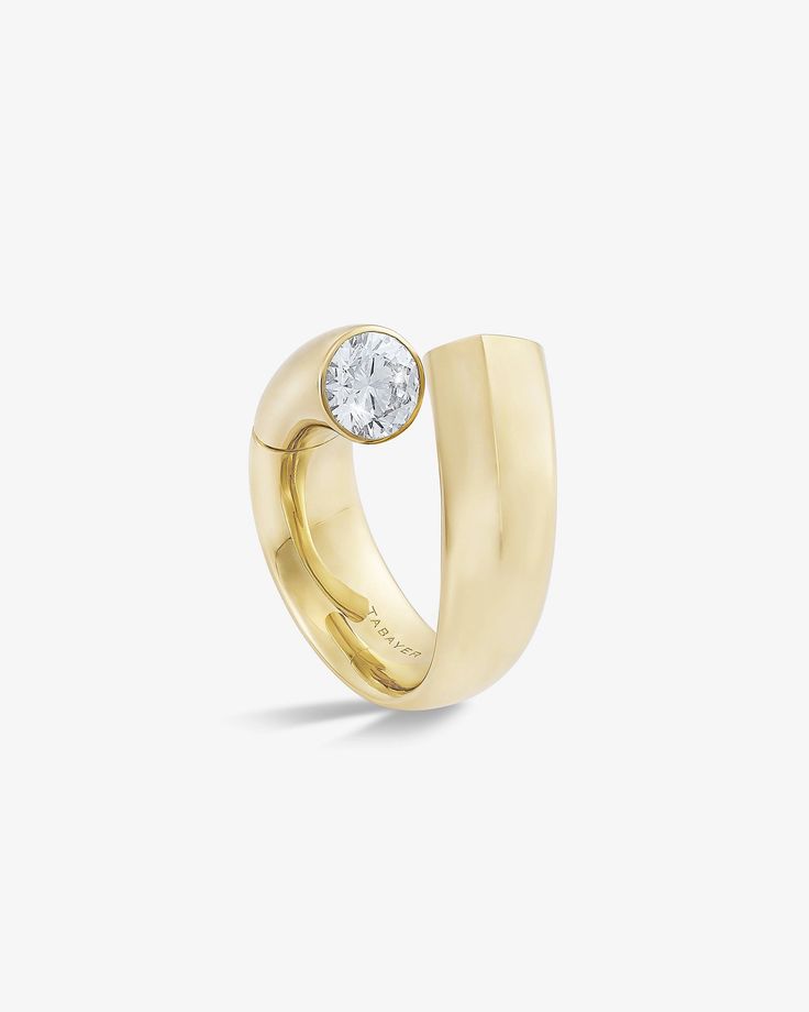 Oera Ring | Ethical Fine Jewelry by Tabayer Modern Diamond Signet Ring With Open Design, Modern Signet Ring With Single Diamond In Open Style, Modern Open Signet Ring With Single Diamond, Contemporary 14k Yellow Gold Rings, Modern Gold Signet Ring With Tension Setting, Modern Diamond Signet Ring, Modern Gold Rings With Tension Setting, Contemporary Gold Round Rings, Modern Diamond Dome Ring With Open Design