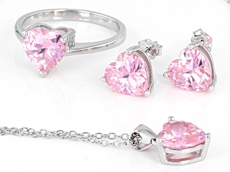 Bella Luce ® pink diamond simulants 10.44ctw heart, rhodium over sterling silver heart earrings, ring, and pendant with chain. Earrings measure approximately 0.31"L x 0.19"W and have pushback backings. Ring measures approximately 0.75"L x 0.31"W and is not sizable. Pendant measures approximately 0.56"L x 0.31"W and has an 18" cable chain with a spring ring closure. The diamond equivalent weight is 6.84ctw. Mother's Day Formal Cubic Zirconia Jewelry Sets, Fine Jewelry Sets With Cubic Zirconia For Gifts, Fine Jewelry Sets Of Cubic Zirconia As Gift, Dazzling White Gold Jewelry Sets For Gifts, Fine Jewelry Sets With Diamond Cut As Gift, Fine Jewelry Sets With Diamond Cut For Gift, Hypoallergenic Round Cut Sterling Silver Jewelry, Hypoallergenic Sterling Silver Jewelry With Round Cut, Heart Cut Wedding Jewelry